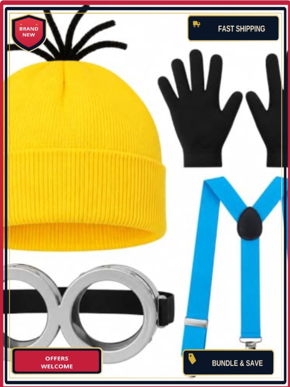 4PCS Adult Costume Accessory Set Beanie Goggles Suspenders Gloves